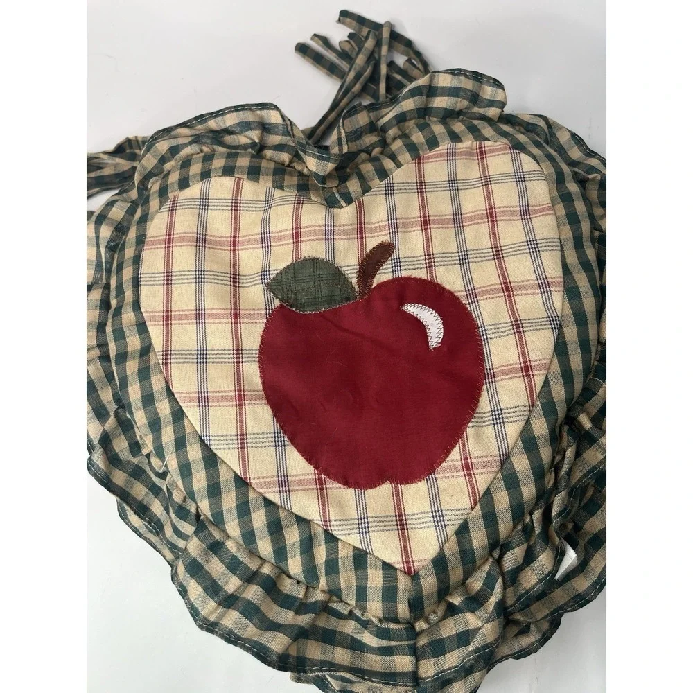 Vintage Primitive Apple Chair Cushions Set of 7 Green Gingham Plaid Tie-On READ